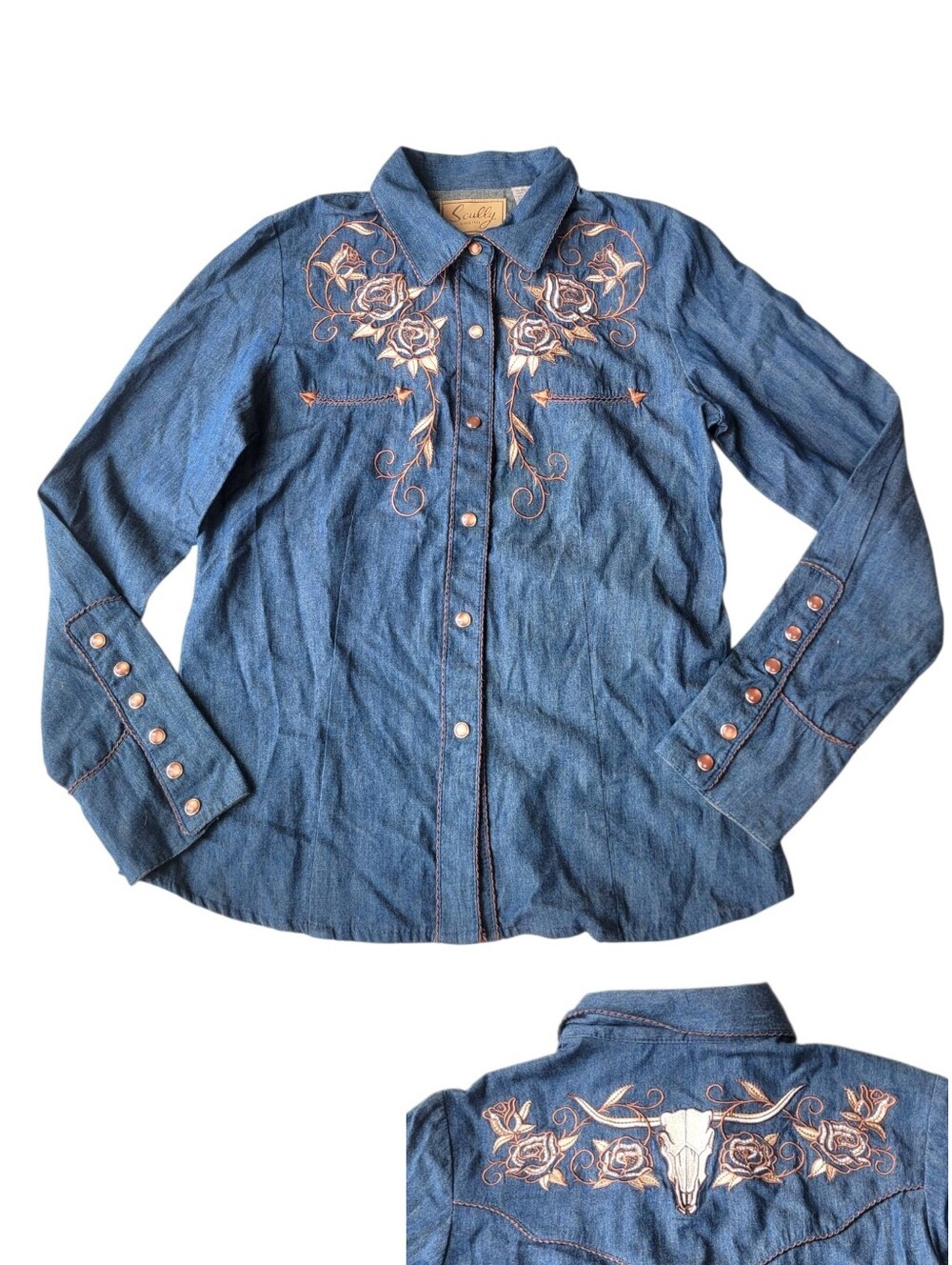 Scully Embroidered Western Pearl Snap Button Top Rose Skull Denim XS